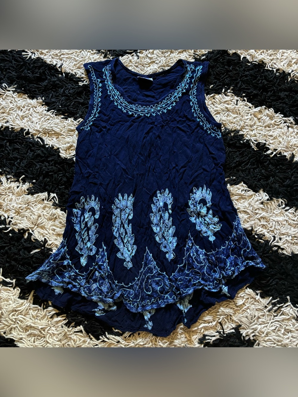 India Boutique Boho Embroidered Blue Turquoise Stretchy Flowy Tank Top Free Size